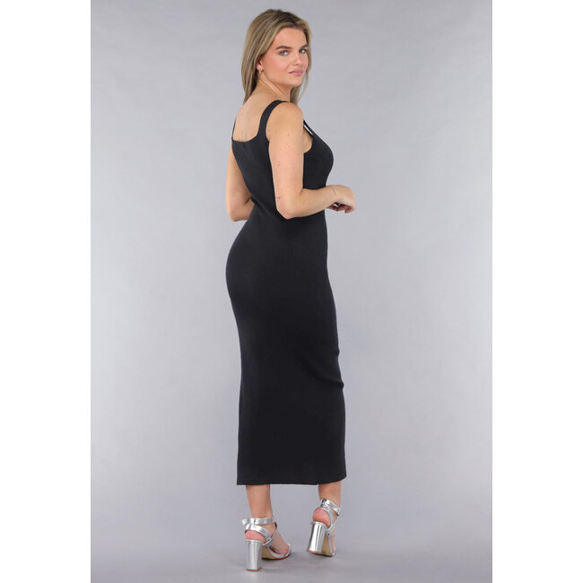Schwarzes Rippstoff Stretch V-Ausschnitt Midikleid