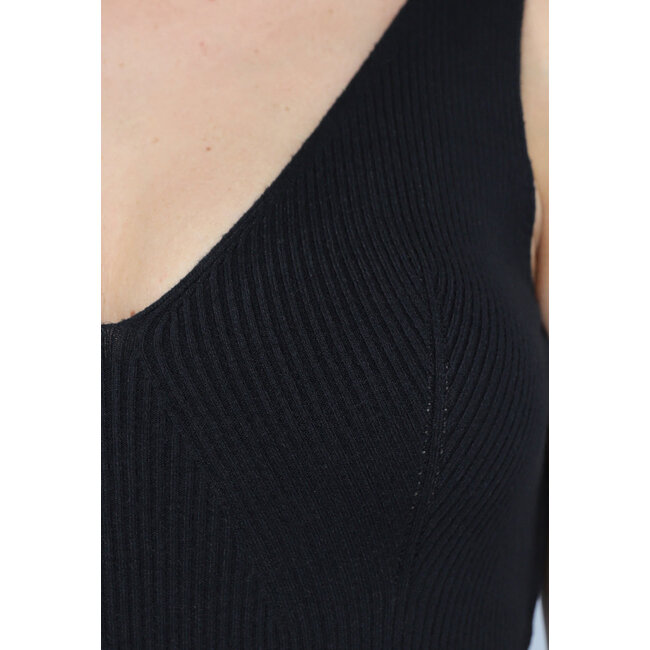 Schwarzes Rippstoff Stretch V-Ausschnitt Midikleid