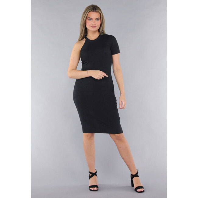 Schwarzes Stretchkleid aus geripptem Stoff mit einem Ärmel