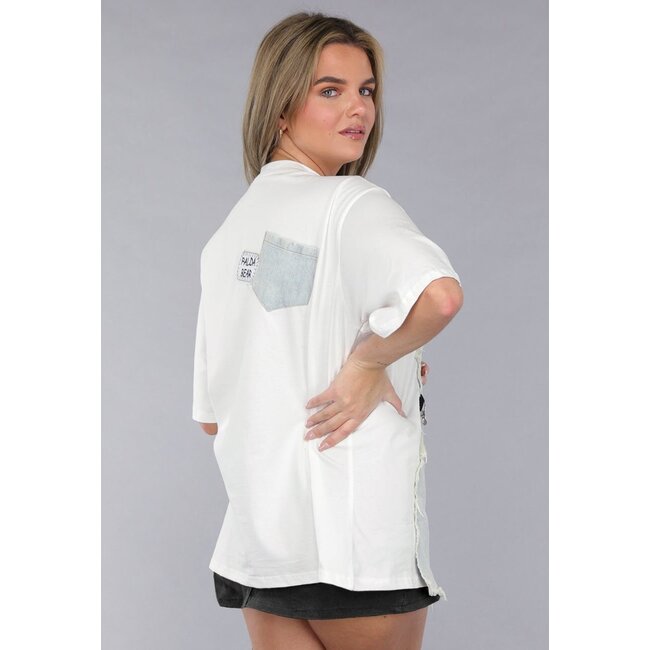 Weißes Oversized-T-Shirt mit Denim-Detail und Silberkette