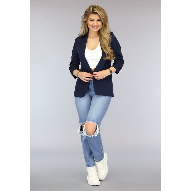 Marineblauer Blazer mit plissierten Dreiviertel-Ärmeln
