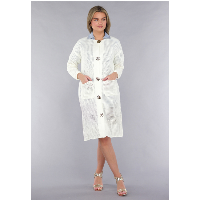 Lange Ecru-Strickjacke in Übergröße mit Strickoptik