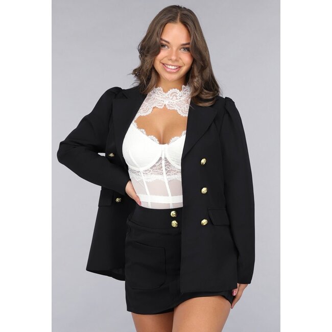 Schwarzer Blazer und Skort Zweiteiler mit goldenen Marineknöpfen