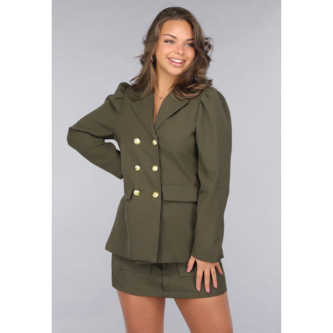 2-teiliges Khaki-Blazer-Skort-Set mit goldenen Navy-Knöpfen