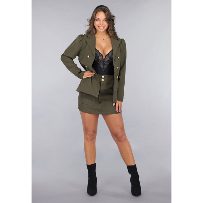 2-teiliges Khaki-Blazer-Skort-Set mit goldenen Navy-Knöpfen
