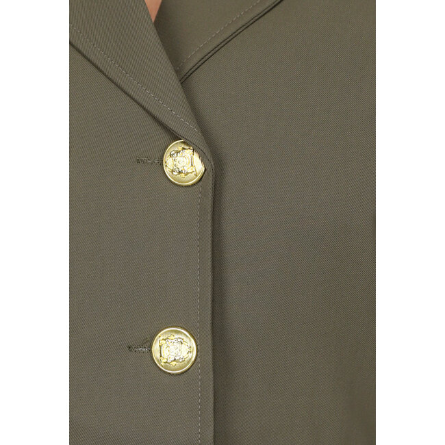 2-teiliges Khaki-Blazer-Skort-Set mit goldenen Navy-Knöpfen