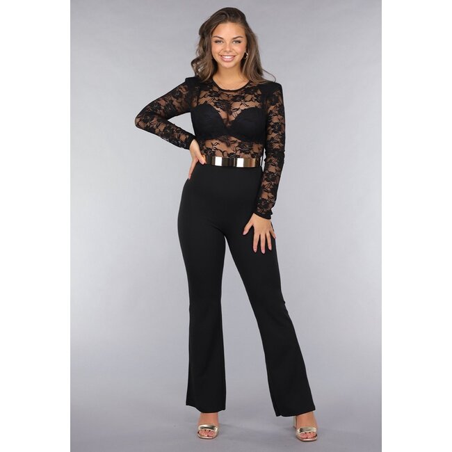Schwarzer Stretch-Overall mit Spitze und Gürtel