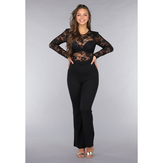 Schwarzer Stretch-Overall mit Spitze und Gürtel
