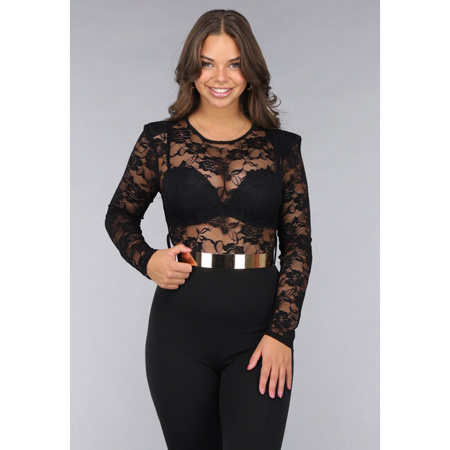 Schwarzer Stretch-Overall mit Spitze und Gürtel