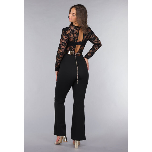 Schwarzer Stretch-Overall mit Spitze und Gürtel