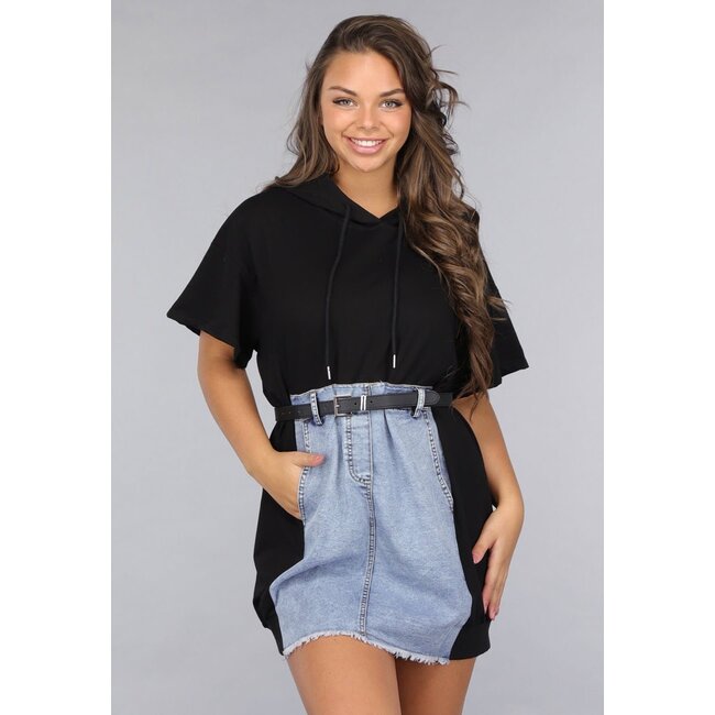 T Shirt Kleid in Schwarz mit Denim Design