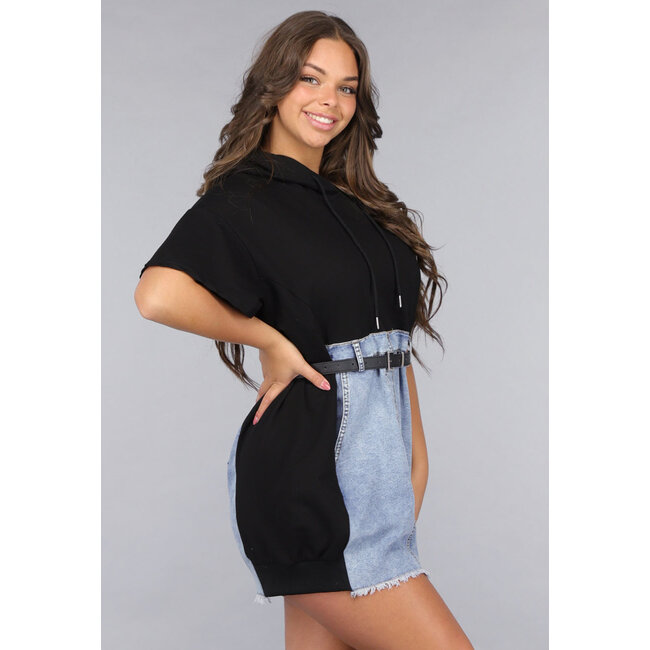 T Shirt Kleid in Schwarz mit Denim Design