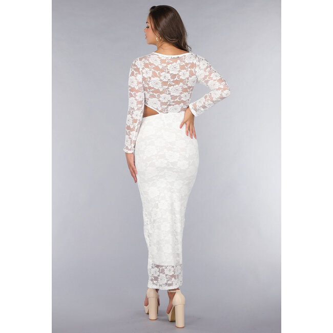 Weißes langärmeliges Spitzenkleid mit Cut-Outs