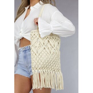 Beige gehäkelte Strandtasche mit Fransen
