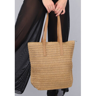 Braune Tote Bag aus Raffia mit braunen Riemen in Lederoptik