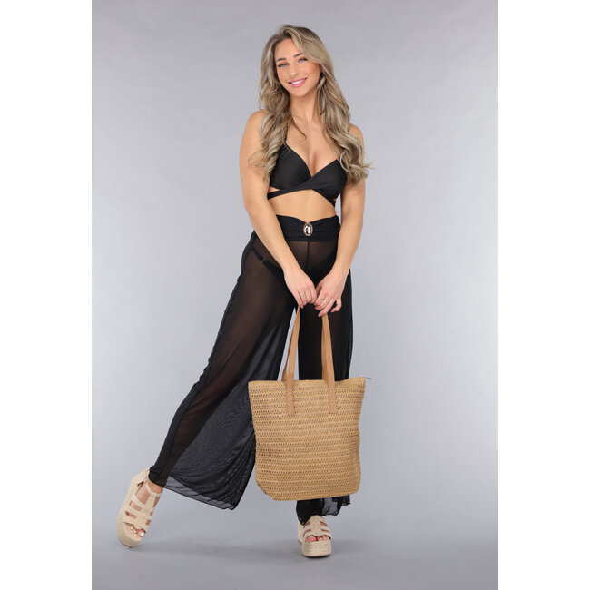 Braune Tote Bag aus Raffia mit braunen Riemen in Lederoptik