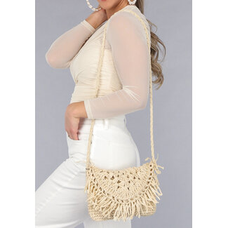 Bohemian Beige Strohtasche mit geflochtenem Schulterriemen