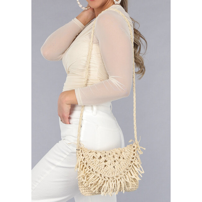 Bohemian Beige Strohtasche mit geflochtenem Schulterriemen