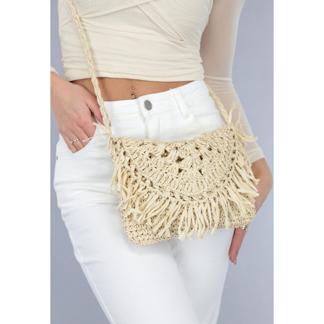 Bohemian Beige Strohtasche mit geflochtenem Schulterriemen