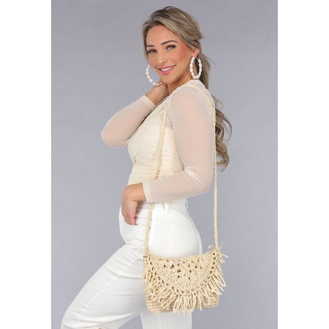 Bohemian Beige Strohtasche mit geflochtenem Schulterriemen