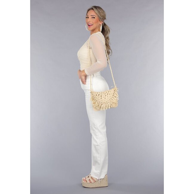 Bohemian Beige Strohtasche mit geflochtenem Schulterriemen
