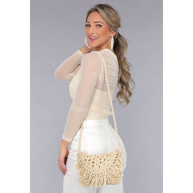 Bohemian Beige Strohtasche mit geflochtenem Schulterriemen