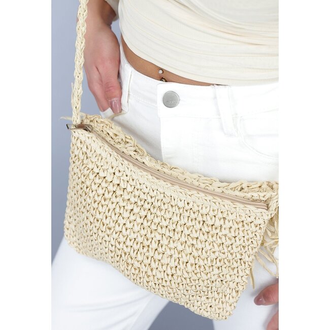 Bohemian Beige Strohtasche mit geflochtenem Schulterriemen