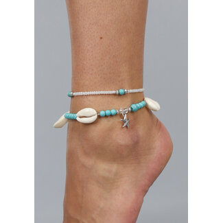 2-teiliges Knöchelarmband-Set mit blauen Perlen und Kaurimuscheln