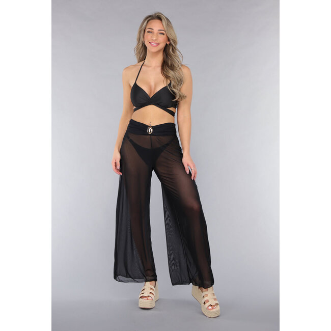 Schwarze Cover-Up-Hose mit weitem Bein und Statement-Detail