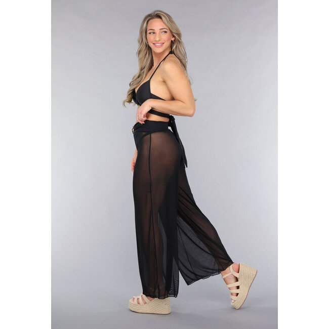 Schwarze Cover-Up-Hose mit weitem Bein und Statement-Detail