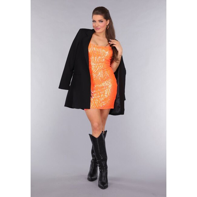 Orangefarbenes, paillettenbesetztes Bodycon-Kleid mit Spitzendetail