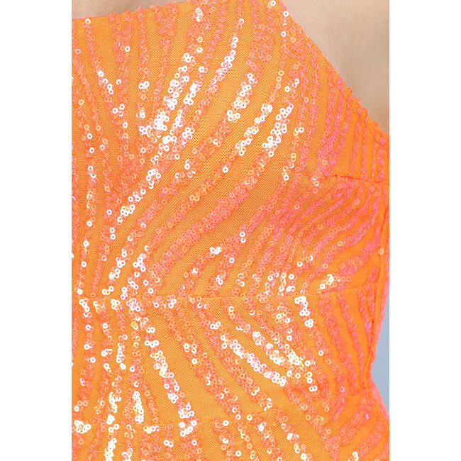 Orangefarbenes, paillettenbesetztes Bodycon-Kleid mit Spitzendetail