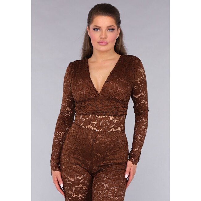 Brauner Langarm-Spitzenbodysuit mit Einlagen