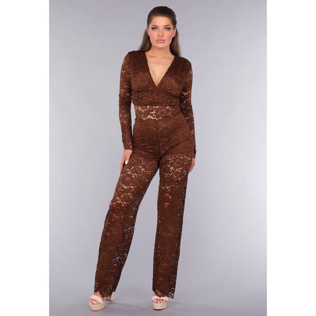 Brauner Langarm-Spitzenbodysuit mit Einlagen