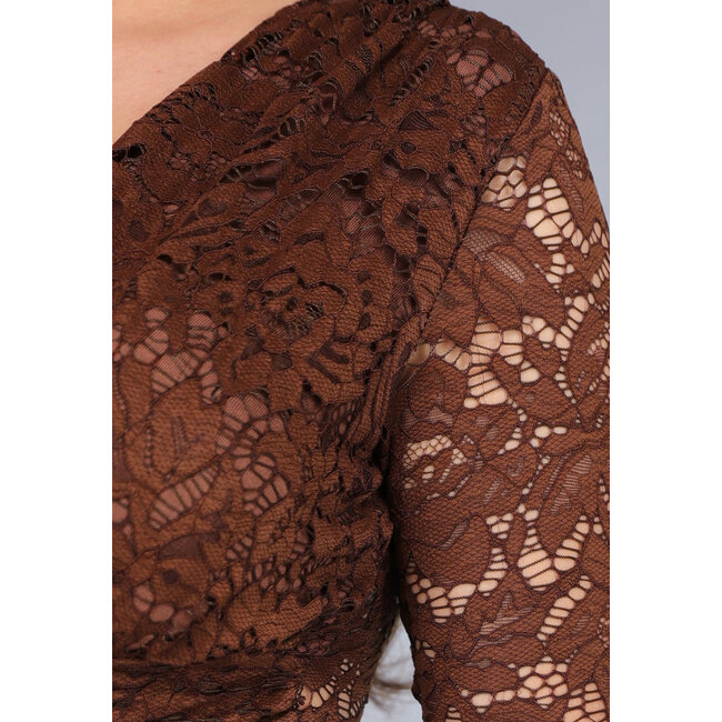 Brauner Langarm-Spitzenbodysuit mit Einlagen