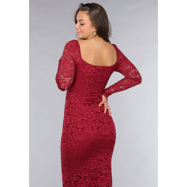 Burgunderfarbenes Spitzenkleid mit Pads und langen Ärmeln