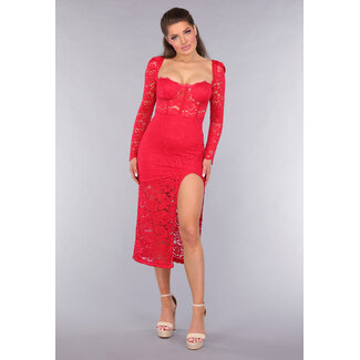 Rotes langärmeliges Spitzenkleid mit Pads und Schlitz