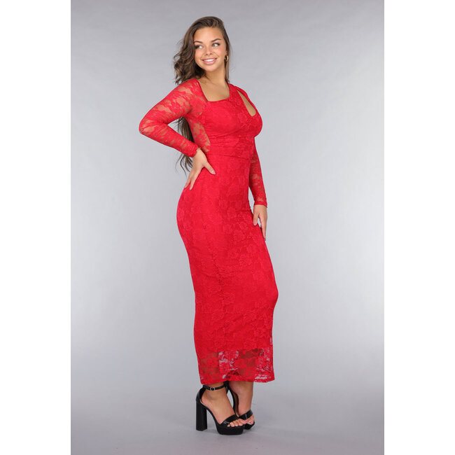 Rotes langärmeliges Kleid mit Spitzenausschnitt