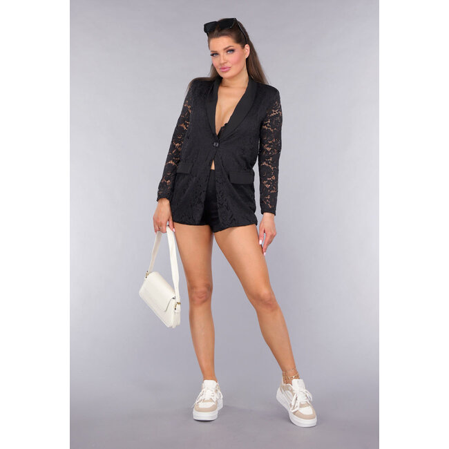 Schwarzes Spitzen-Shortset mit Blazer