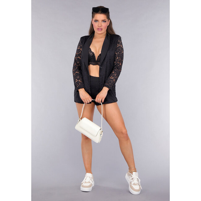 Schwarzes Spitzen-Shortset mit Blazer