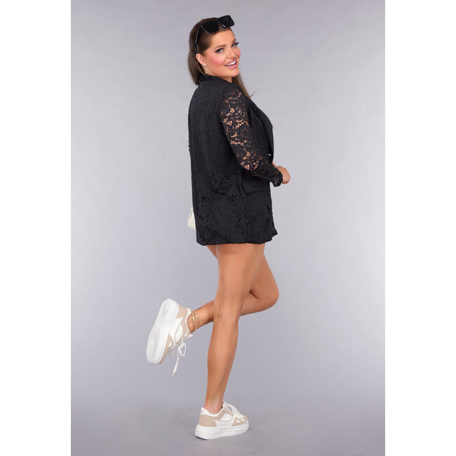 Schwarzes Spitzen-Shortset mit Blazer