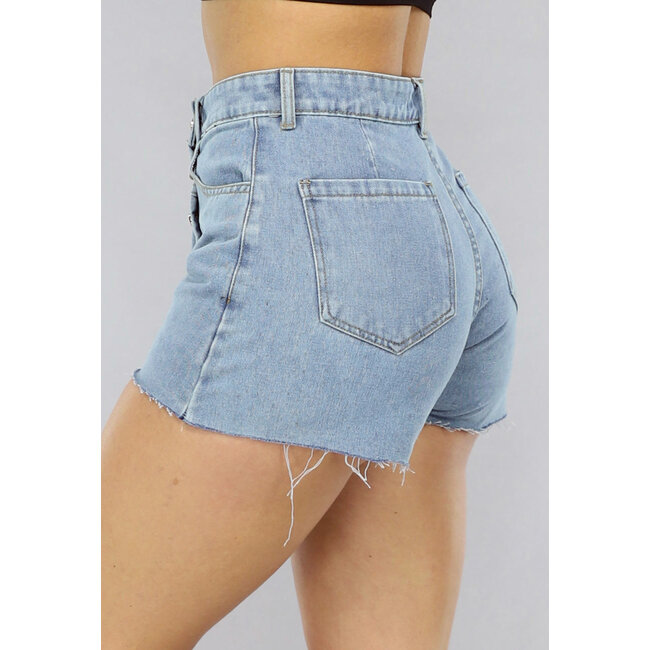 Hellblauer Skort aus plissiertem Denim mit Revers und Knöpfen