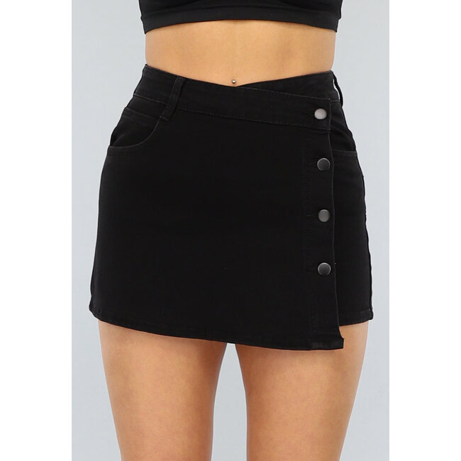 Redial Jeans Schwarzer Denim-Skort mit Revers und Knöpfen