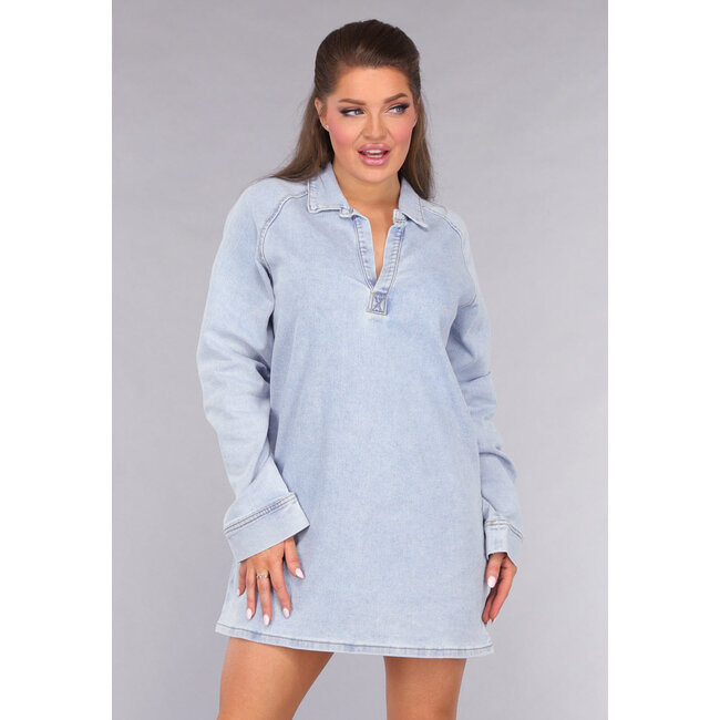 Redial Jeans Langärmeliges Oversized-Denim-Kleid mit V-Ausschnitt