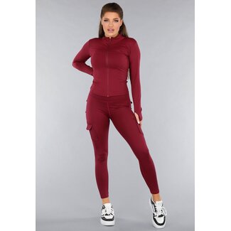 Burgunderfarbenes Langarm-Fitness-Set mit Taschen