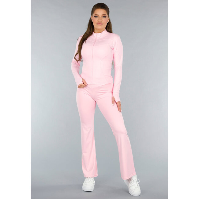 Light Pink Sports Set with Cardigan and Flared Leggings