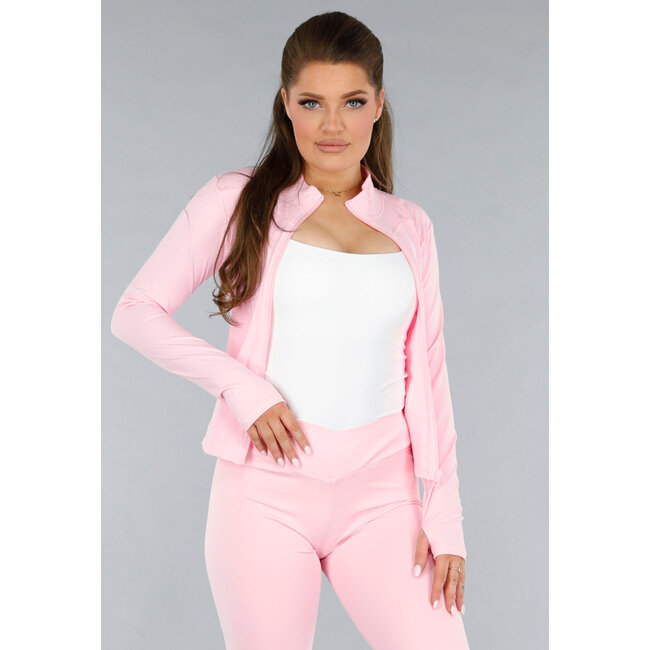 Light Pink Sports Set with Cardigan and Flared Leggings