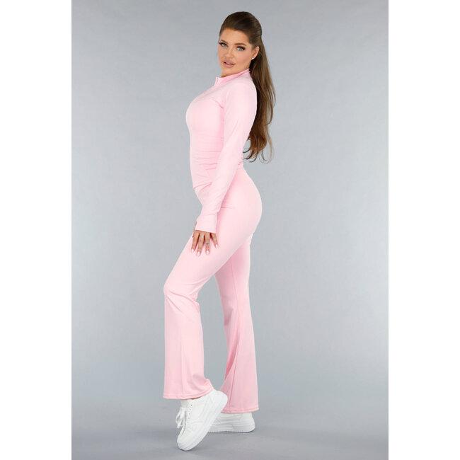 Light Pink Sports Set with Cardigan and Flared Leggings