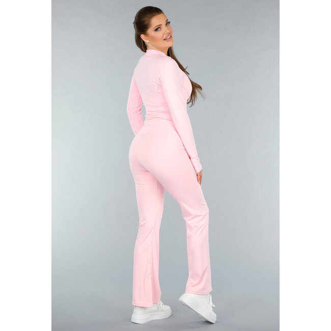 Light Pink Sports Set with Cardigan and Flared Leggings
