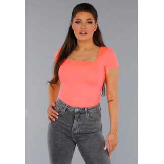 Korallenfarbenes Stretch-Shirt mit quadratischem Ausschnitt